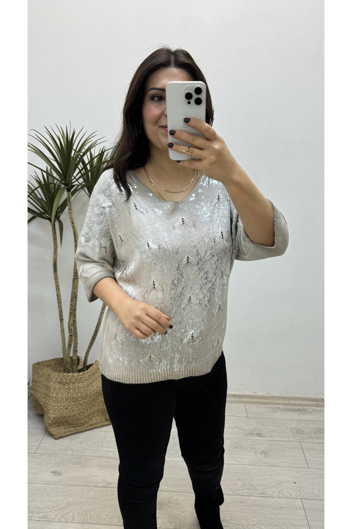 Varaklı Triko Örme Vizon Rengi İthal Bluz