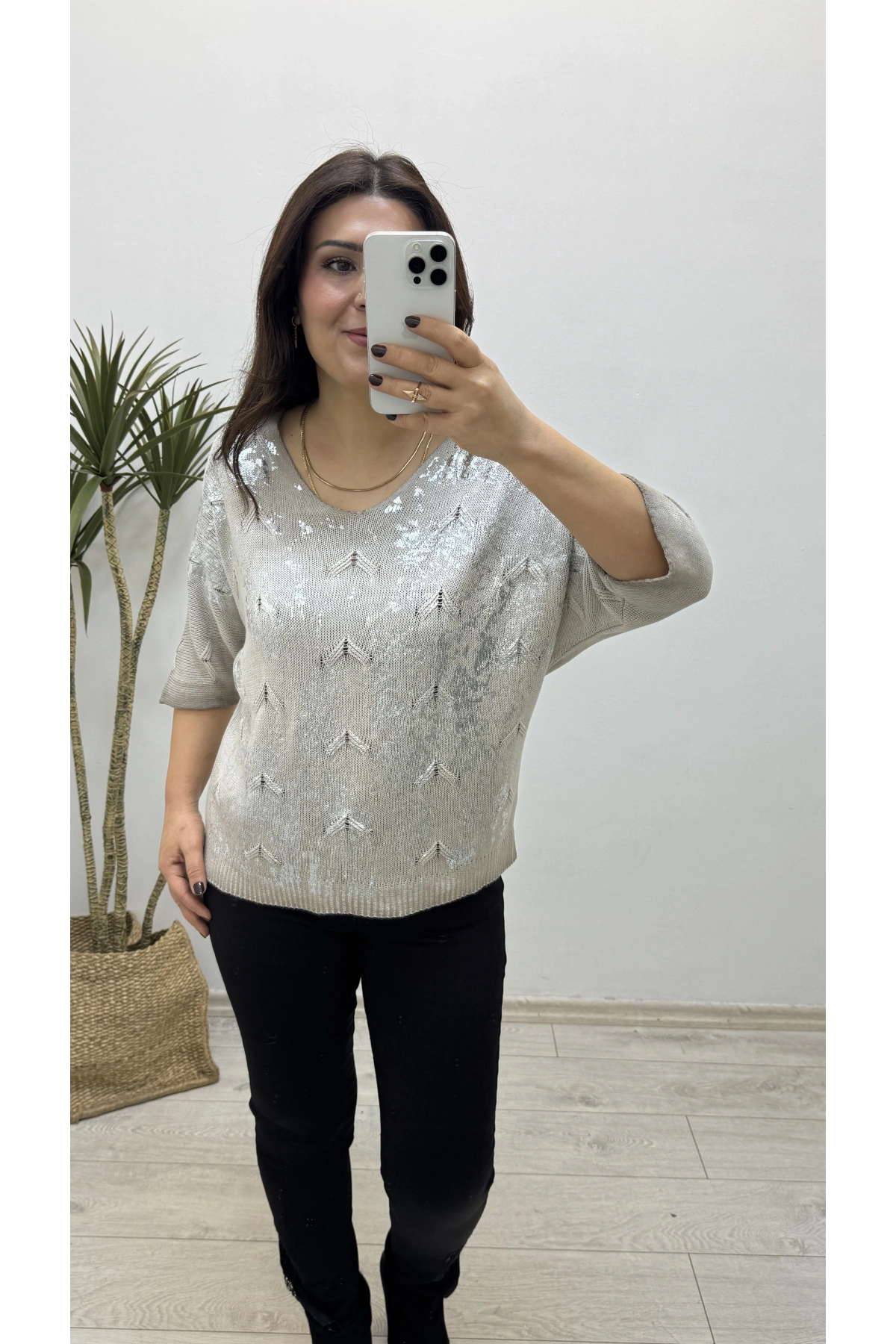 Varaklı Triko Örme Vizon Rengi İthal Bluz