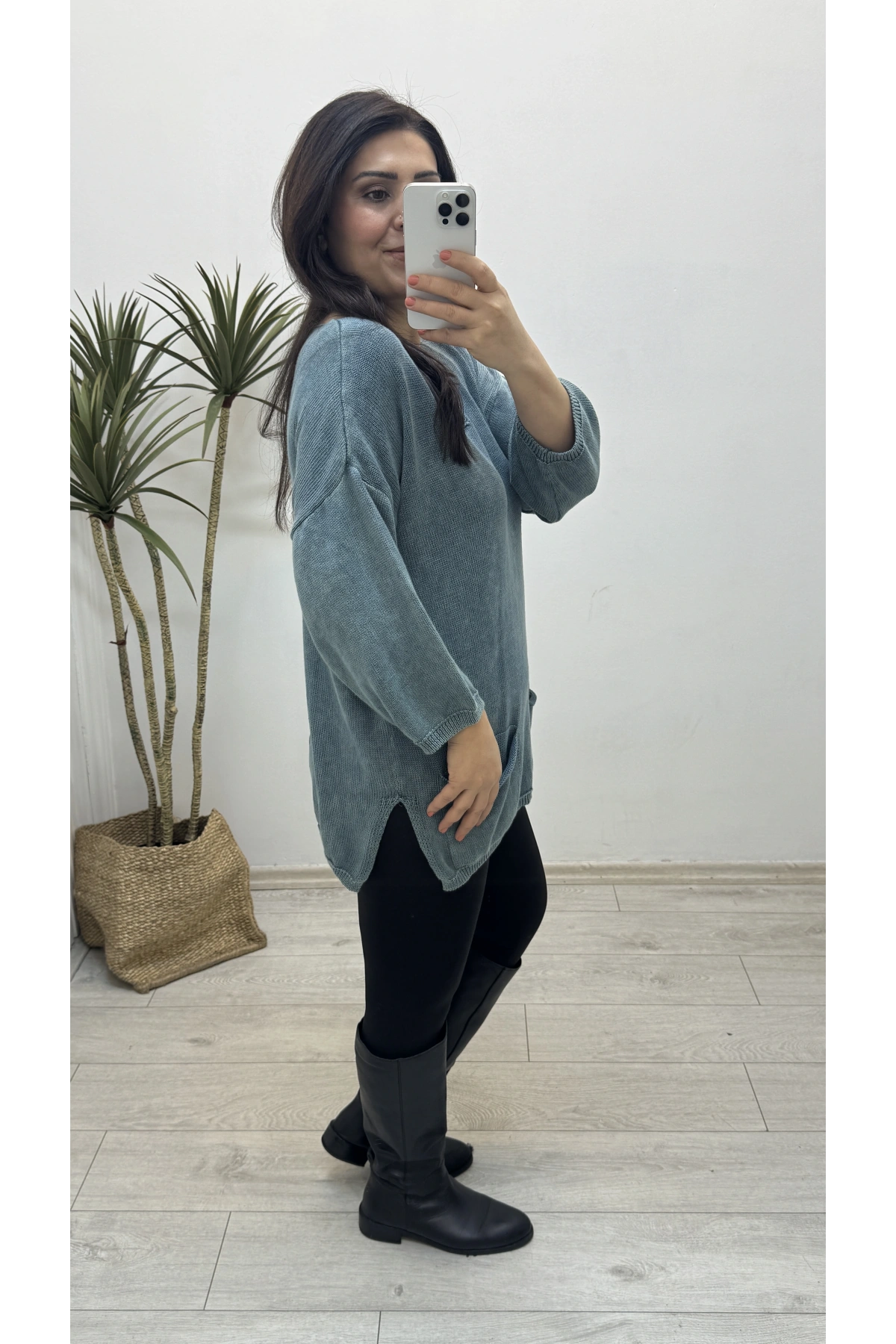 Yıkamalı Taşlanmış Su Yeşili Cepli Triko