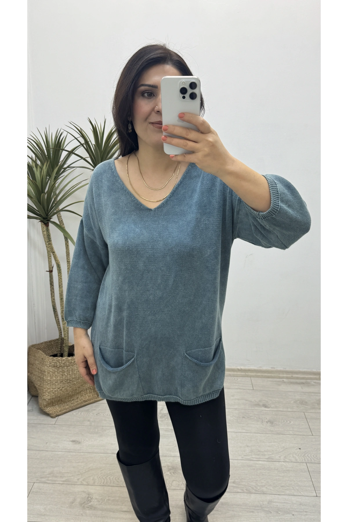Yıkamalı Taşlanmış Su Yeşili Cepli Triko