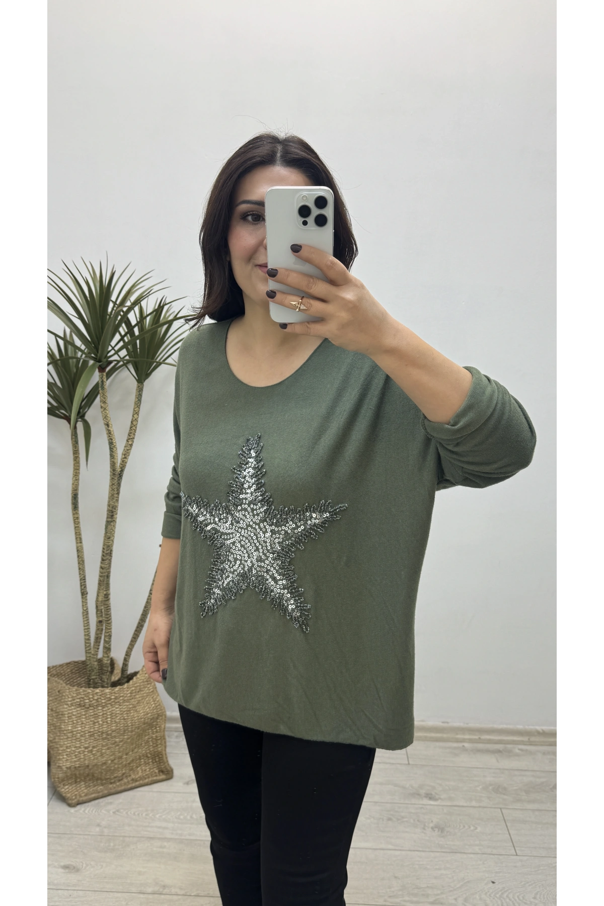 Yıldız Desenli Haki Yeşil İthal Bluz