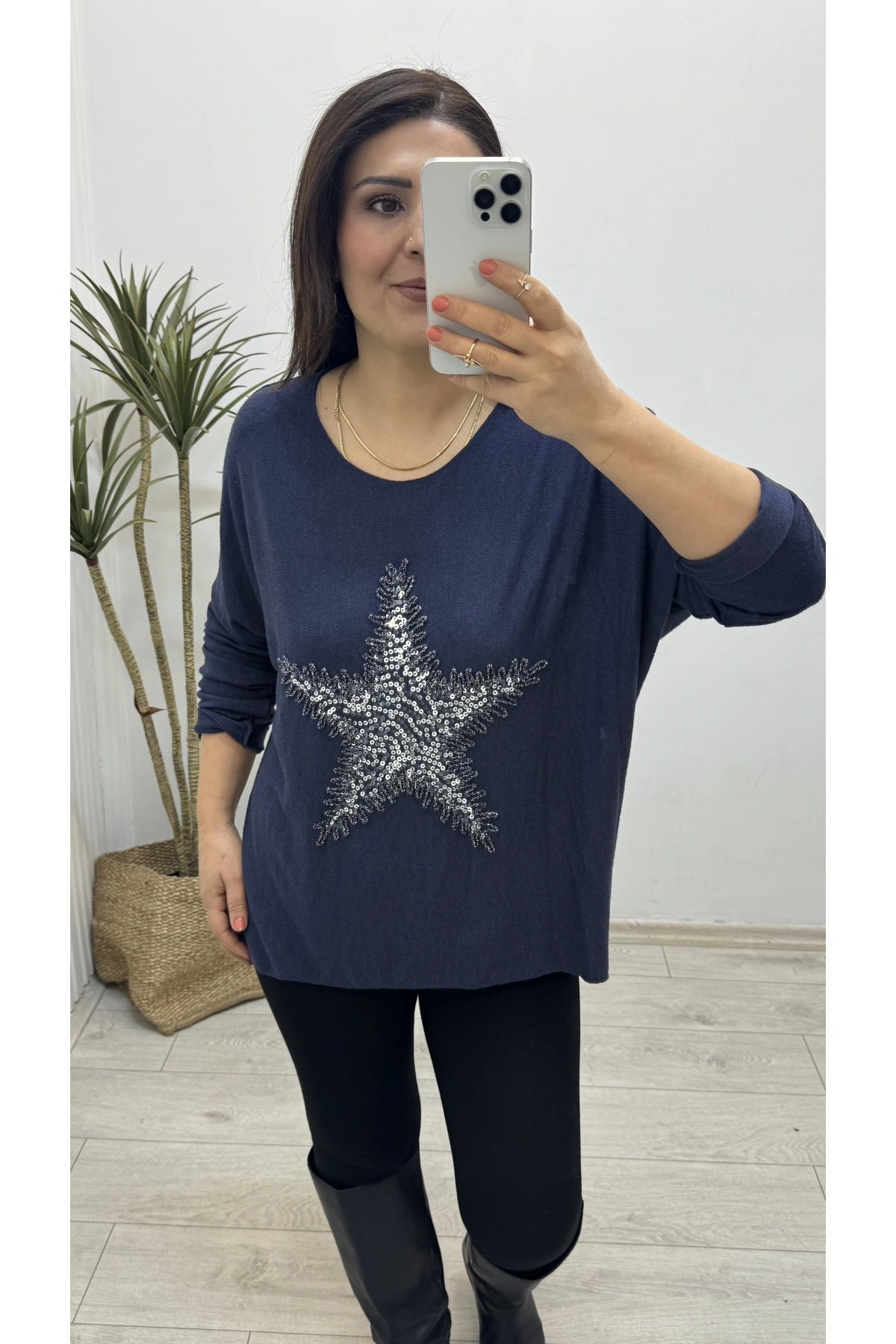 Yıldız Desenli Lacivert İthal Bluz