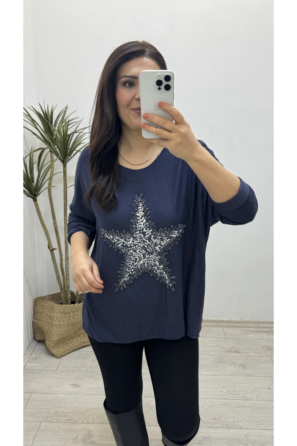 Yıldız Desenli Lacivert İthal Bluz