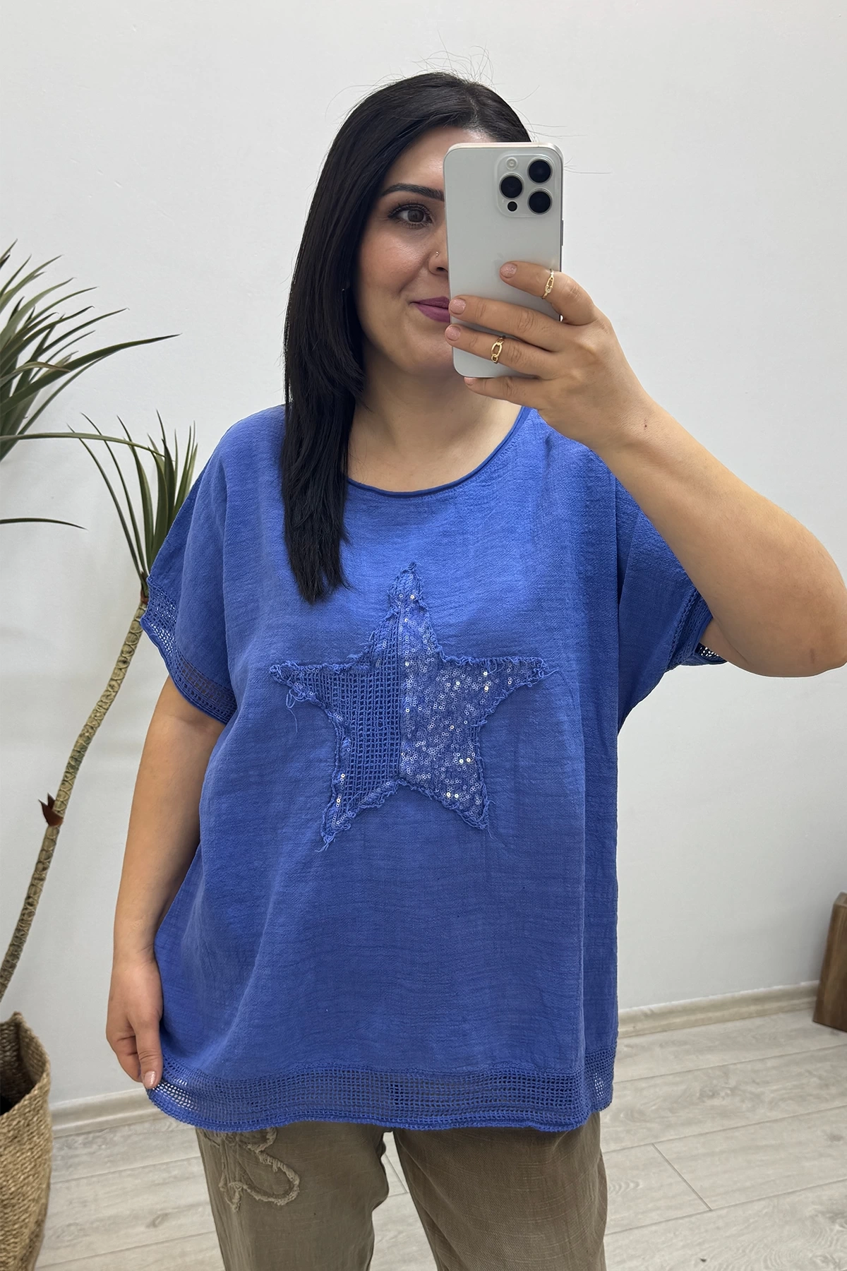 Yıldız Detaylı Saks Mavi Keten Bluz
