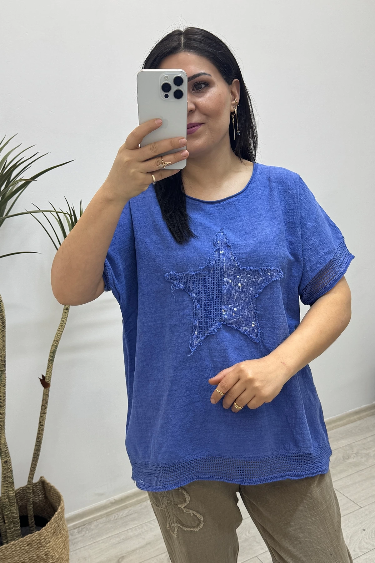 Yıldız Detaylı Saks Mavi Keten Bluz