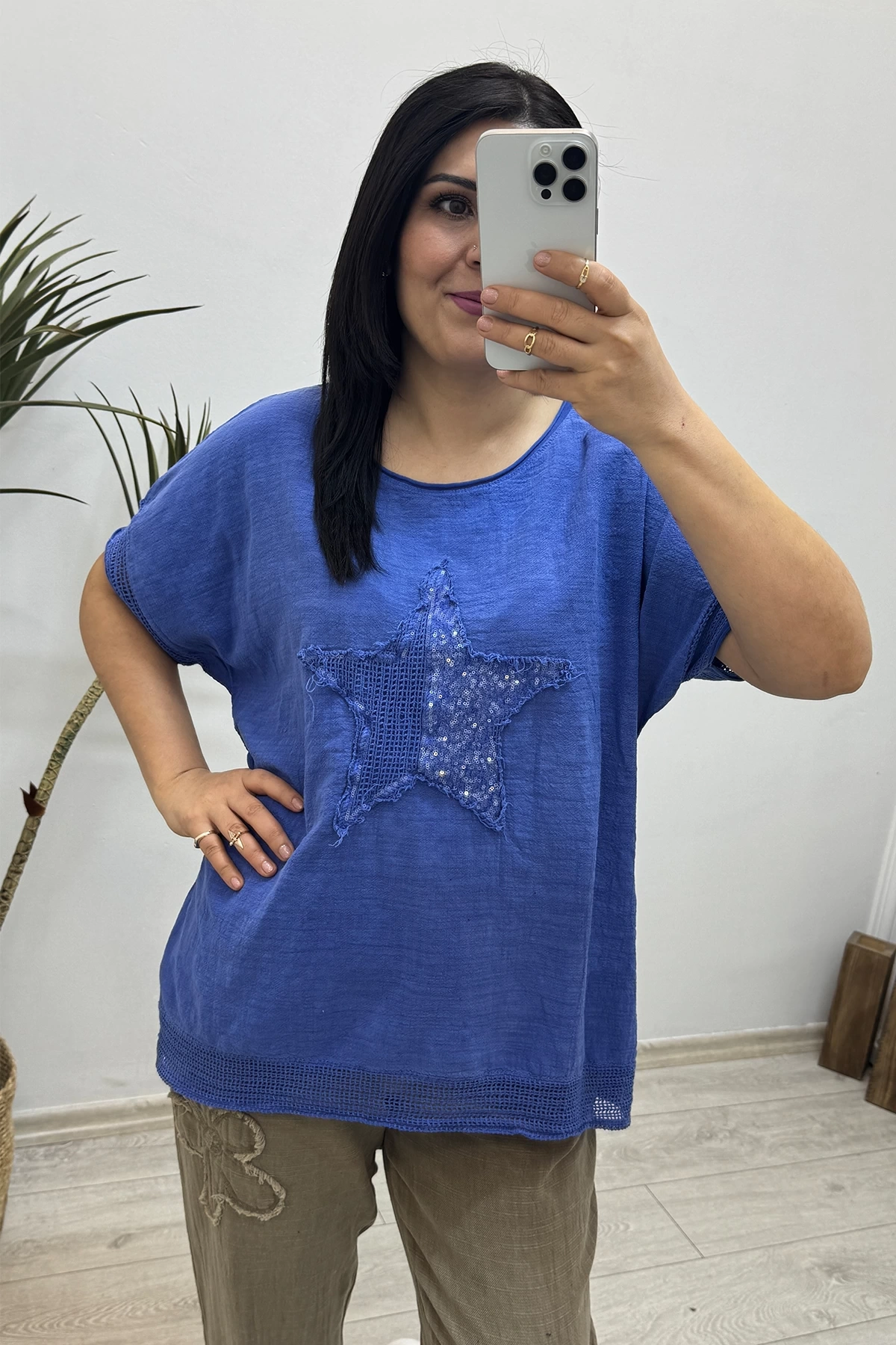 Yıldız Detaylı Saks Mavi Keten Bluz
