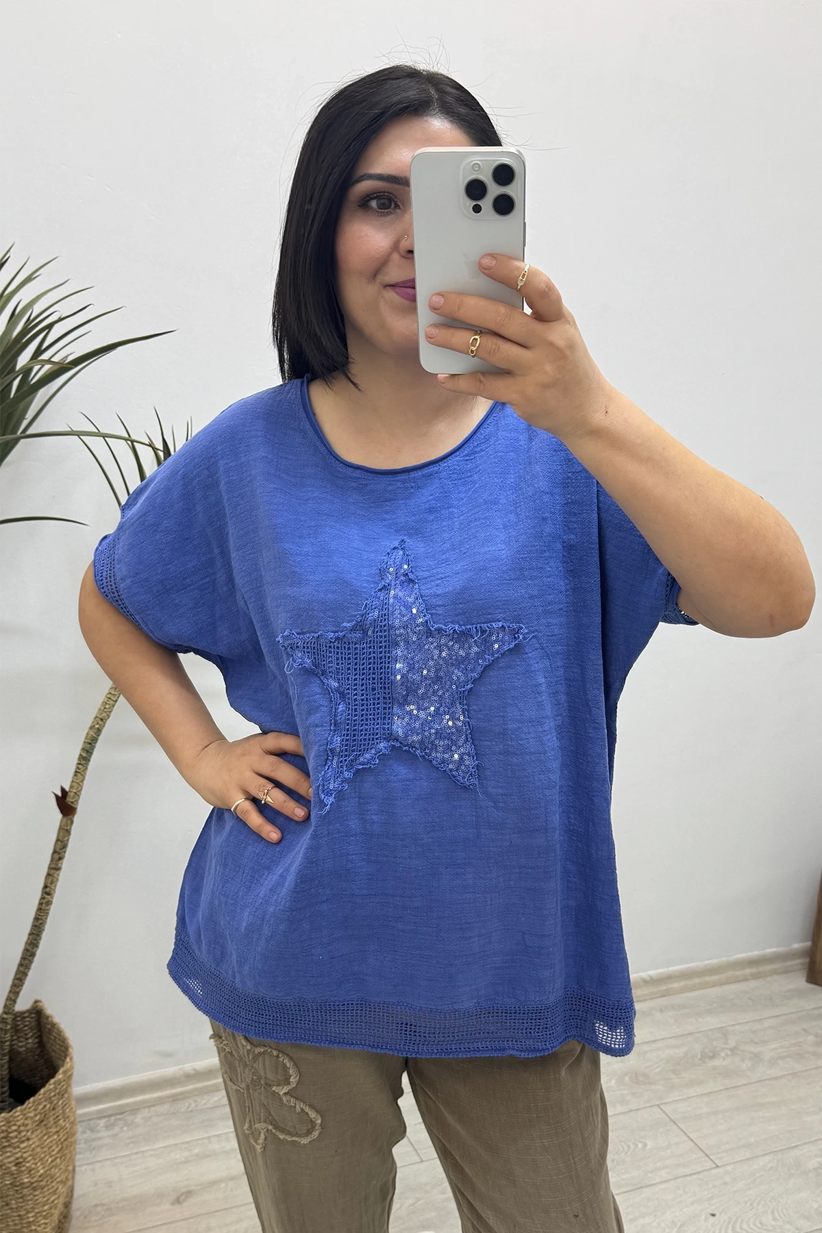 Yıldız Detaylı Saks Mavi Keten Bluz