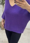 V Yaka Mor Renk Simli Triko Bluz