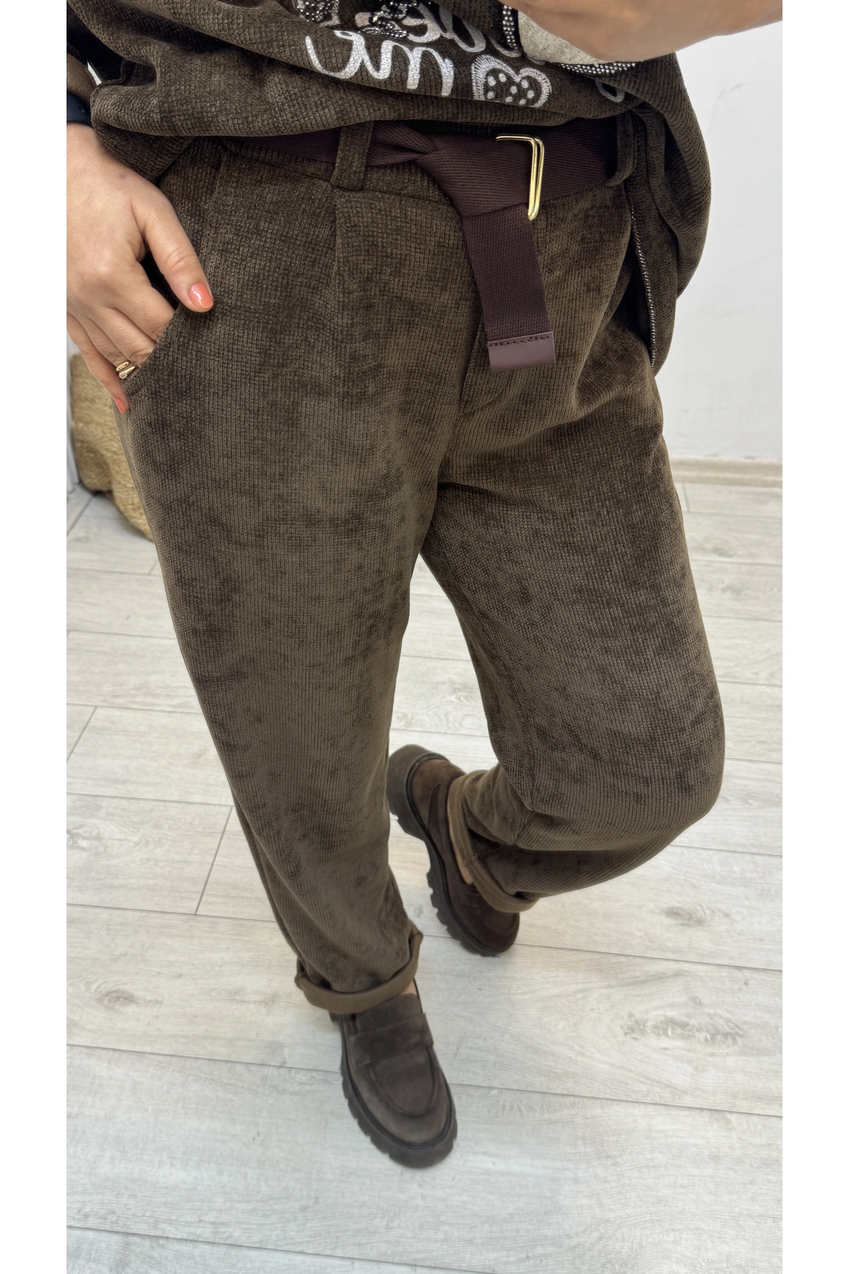 Kadife Kahverengi  Kemerli İthal Pantolon