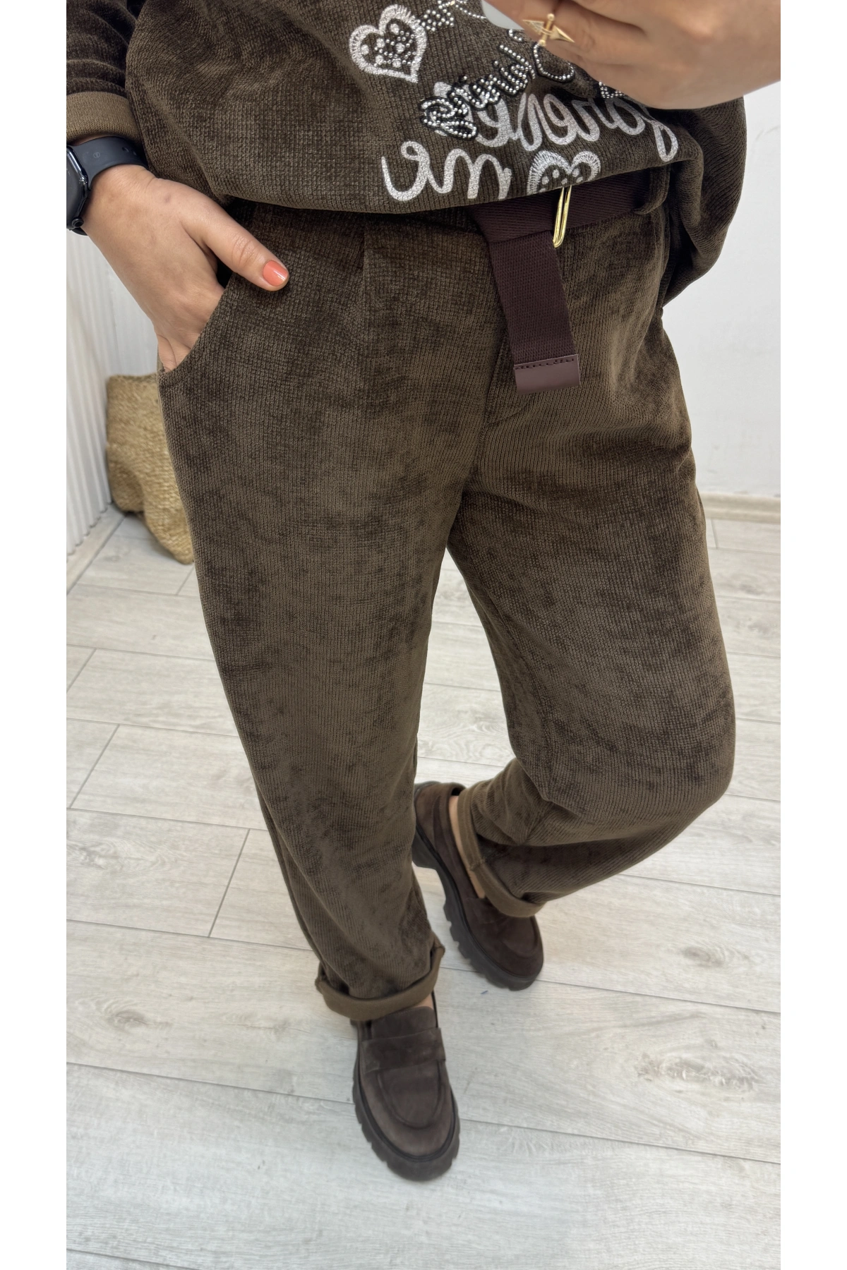 Kadife Kahverengi  Kemerli İthal Pantolon