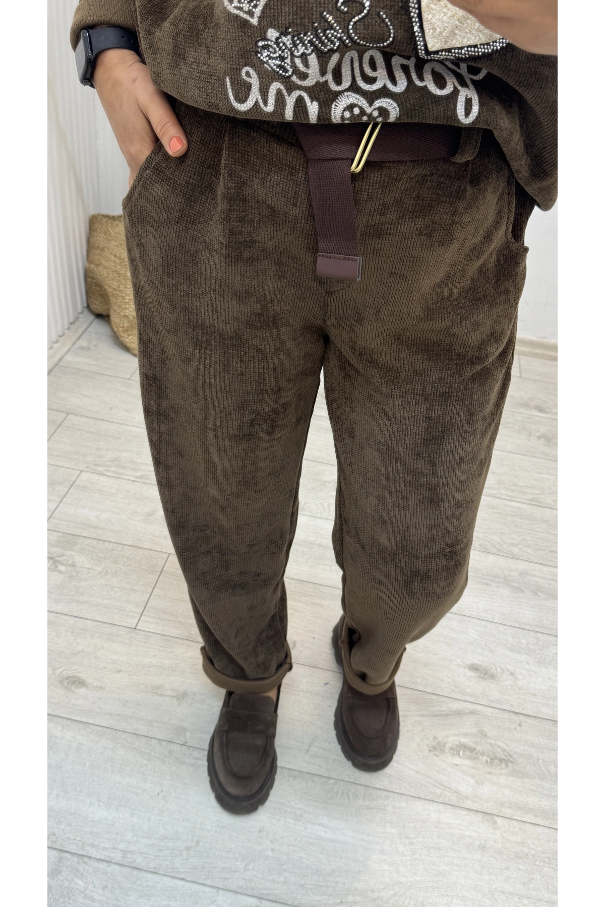 Kadife Kahverengi  Kemerli İthal Pantolon