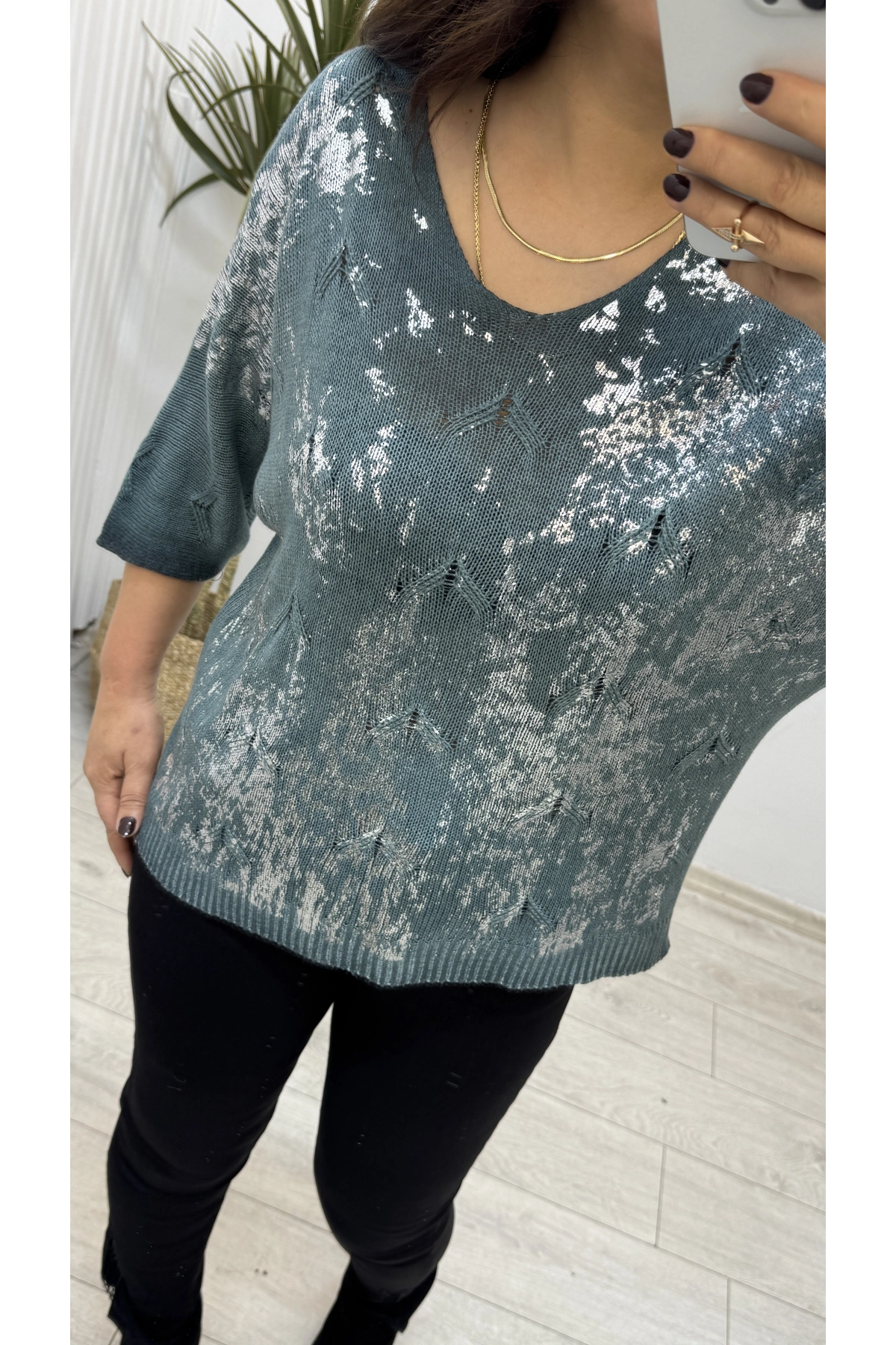 Varaklı Su Yeşili İthal Triko Bluz