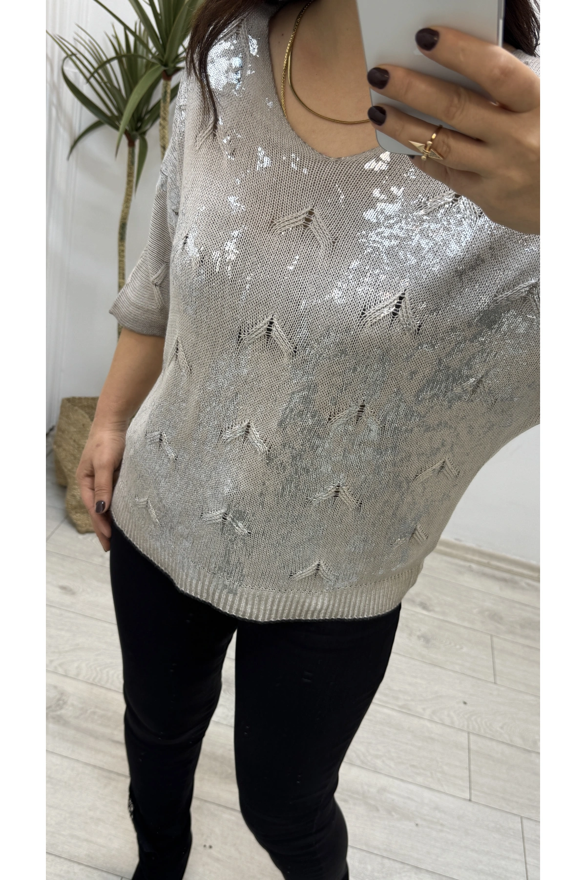 Varaklı Triko Örme Vizon Rengi İthal Bluz