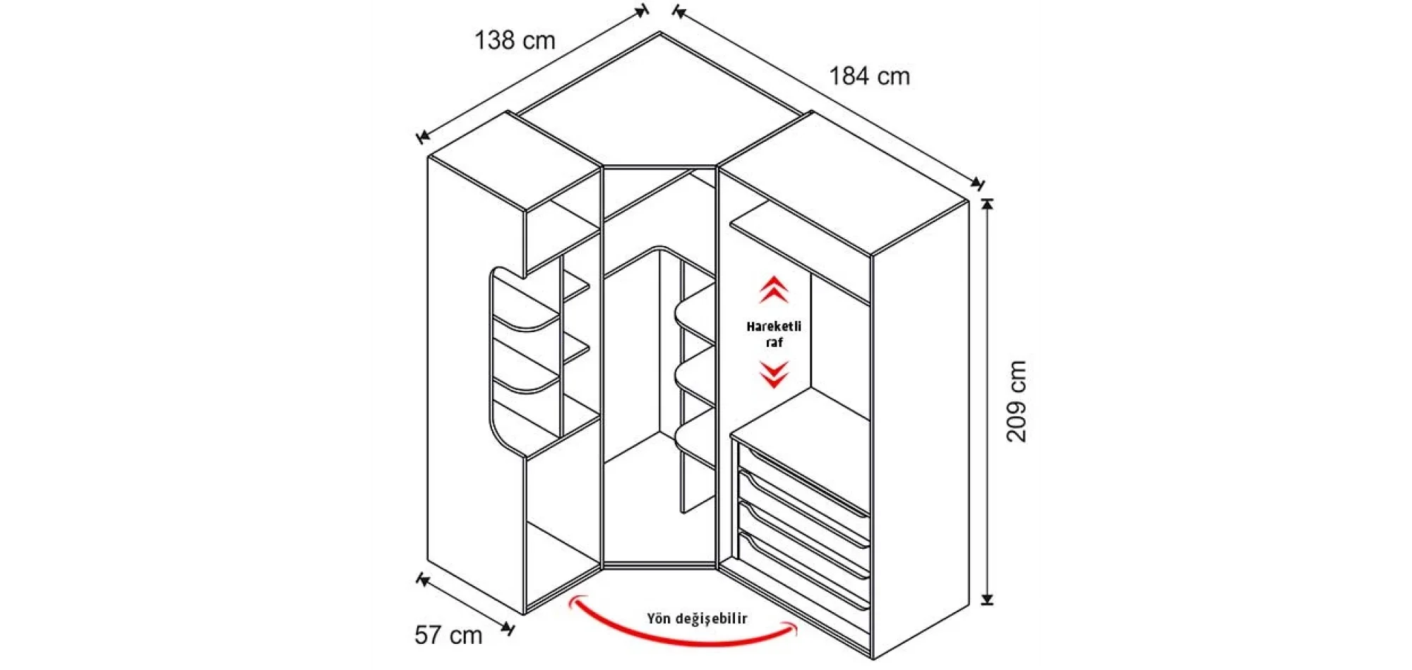 Ares 4 Kapılı Köşe Dolap 861 + Sol Blok + 2K İç Çekmece