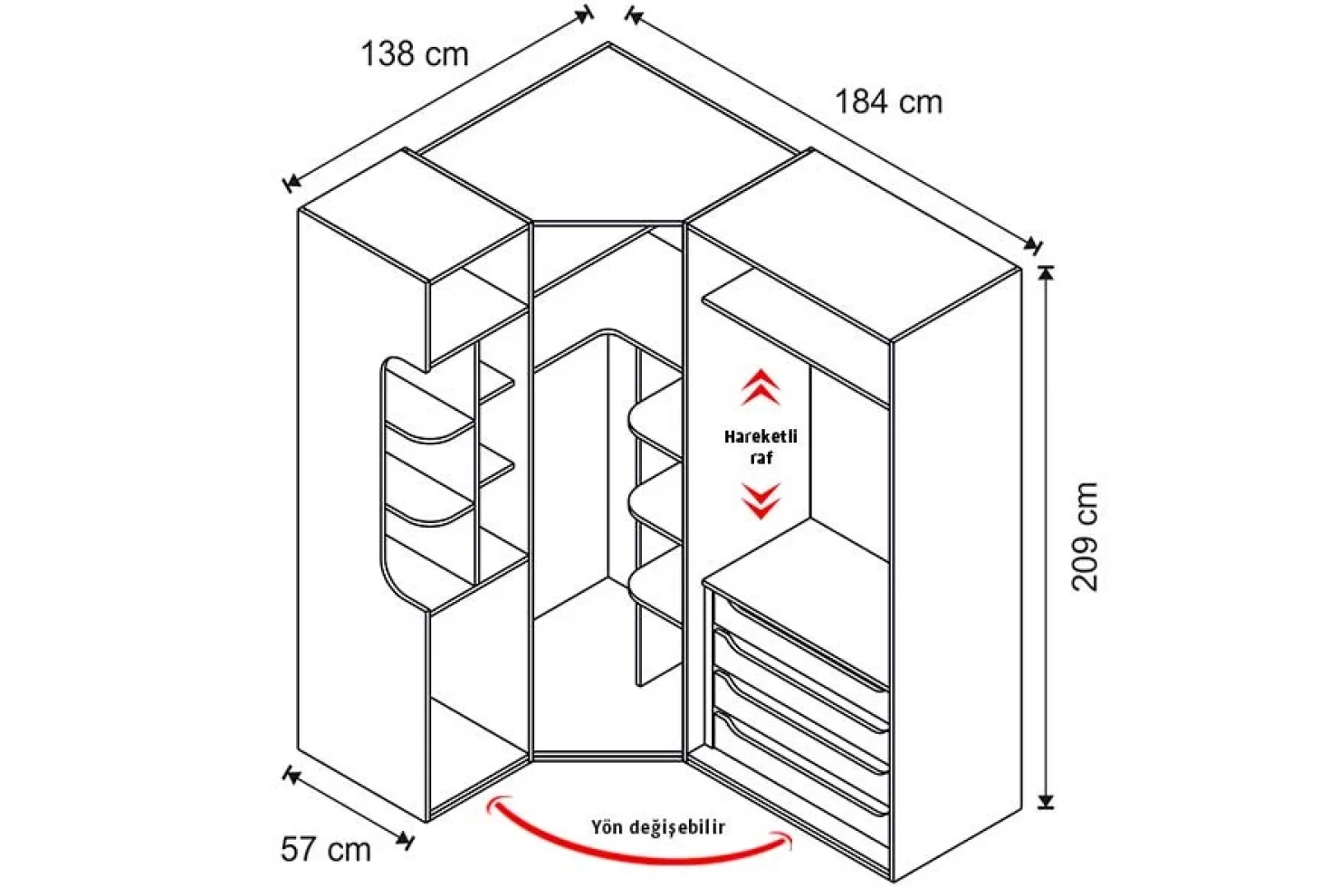 Ares 4 Kapılı Köşe Dolap 861 + Sol Blok + 2K İç Çekmece