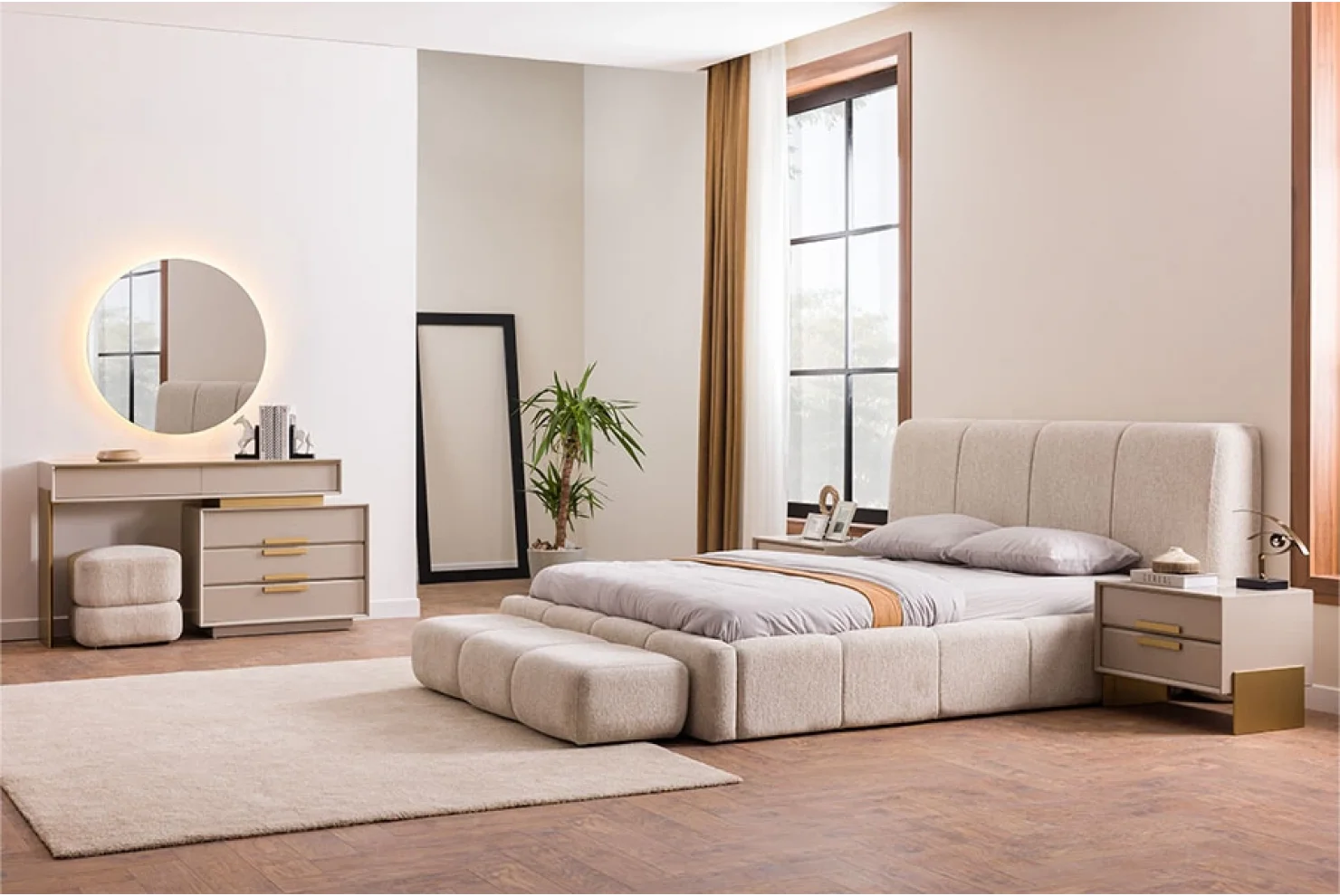 Gloria Yatak Odası Takımı Dolap | 2 li Çekmeceli (G93*Y222*D58) 1 Adet - Dolap 2 li Raflı (G93*Y222*D58) 1 Adet - Dolap Tekli Raflı (G46,5*Y222*D58) 1 Adet - Şifonyer(G140*Y89*D44) 1 Adet - Şifonyer Aynası (89*89*2) 1 Adet - Komodin (G65*Y50*D44) 2 Adet -