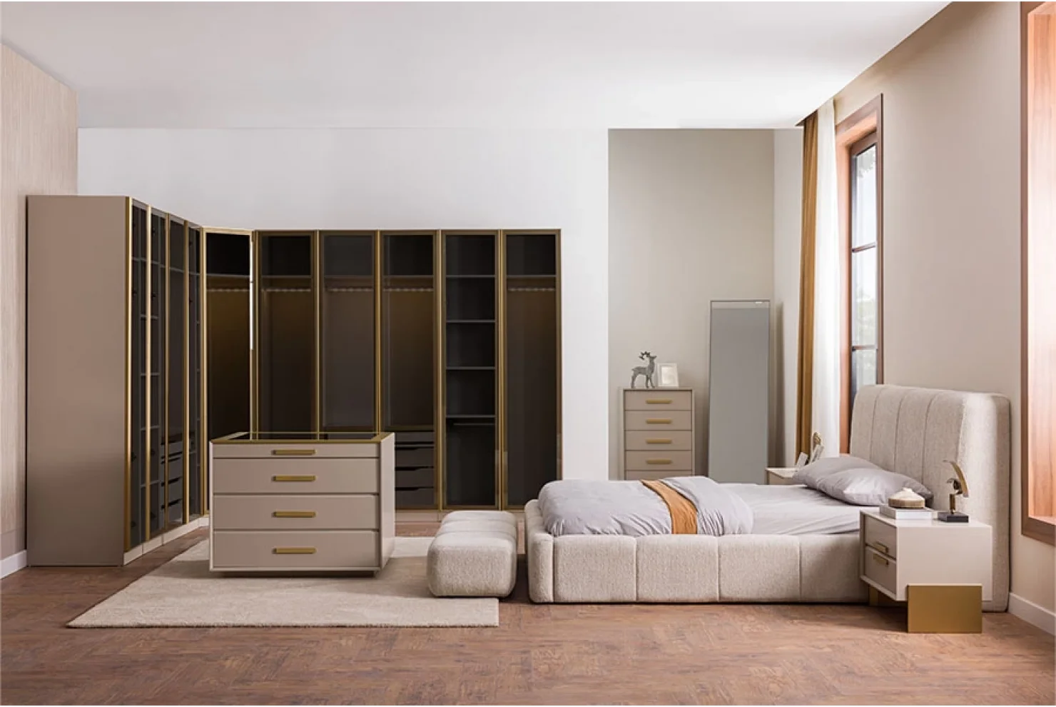 Gloria Yatak Odası Takımı Dolap | 2 li Çekmeceli (G93*Y222*D58) 1 Adet - Dolap 2 li Raflı (G93*Y222*D58) 1 Adet - Dolap Tekli Raflı (G46,5*Y222*D58) 1 Adet - Şifonyer(G140*Y89*D44) 1 Adet - Şifonyer Aynası (89*89*2) 1 Adet - Komodin (G65*Y50*D44) 2 Adet -