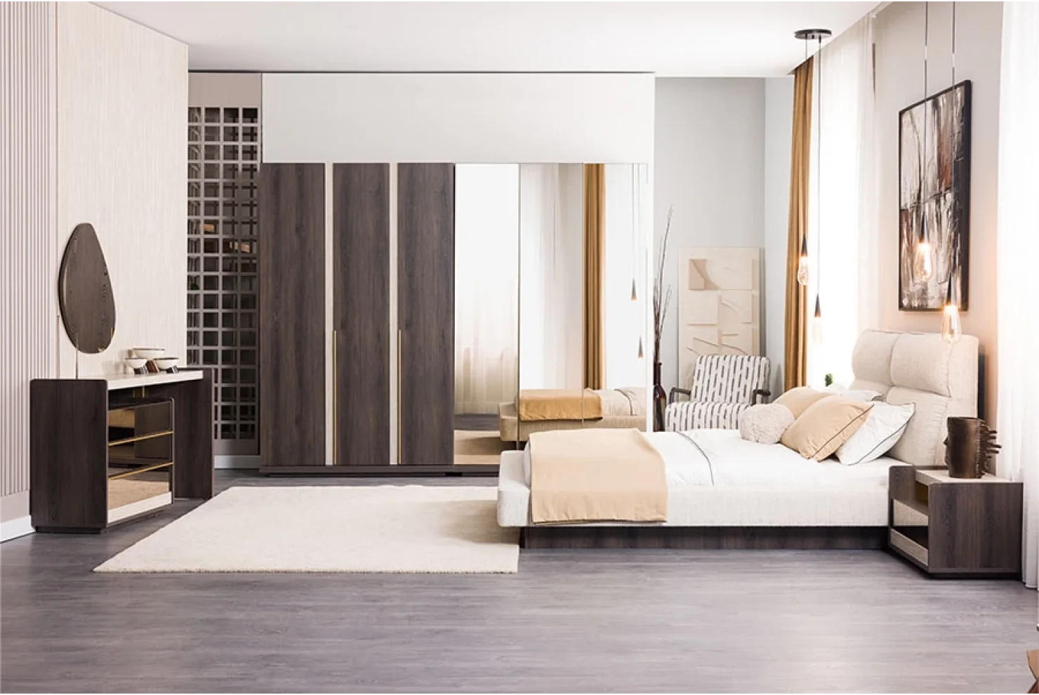 Lyric Yatak Odası Takımı 2 Kapılı Dolap | 1 Adet - 3 Kapılı Dolap 1 Adet -Köşe Dolap 1 Dolap - Karyola 1 Adet - Şifonyer 1 Adet - Şifonyer Ayna 1 Adet - Komodin 2 Adet