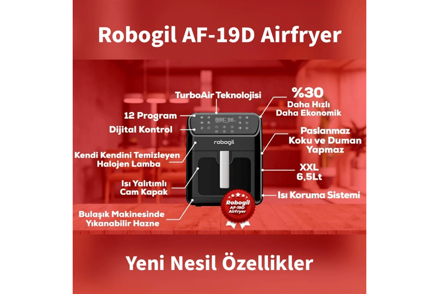 Robogil AF-19D Airfryer XXL 6,5Lt Cam Kapaklı Halojen Lambalı Sıcak Hava Fritözü