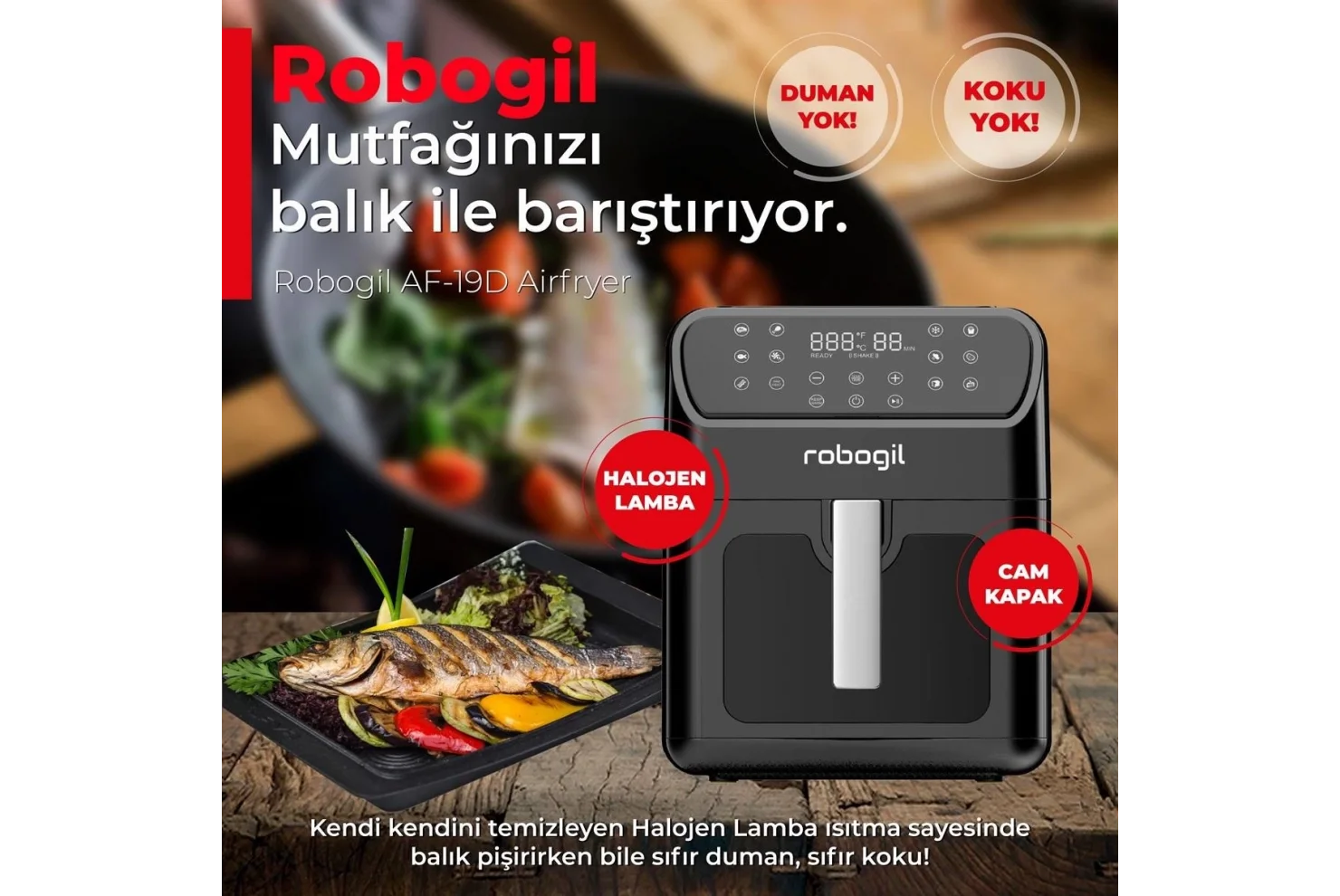 Robogil AF-19D Airfryer XXL 6,5Lt Cam Kapaklı Halojen Lambalı Sıcak Hava Fritözü