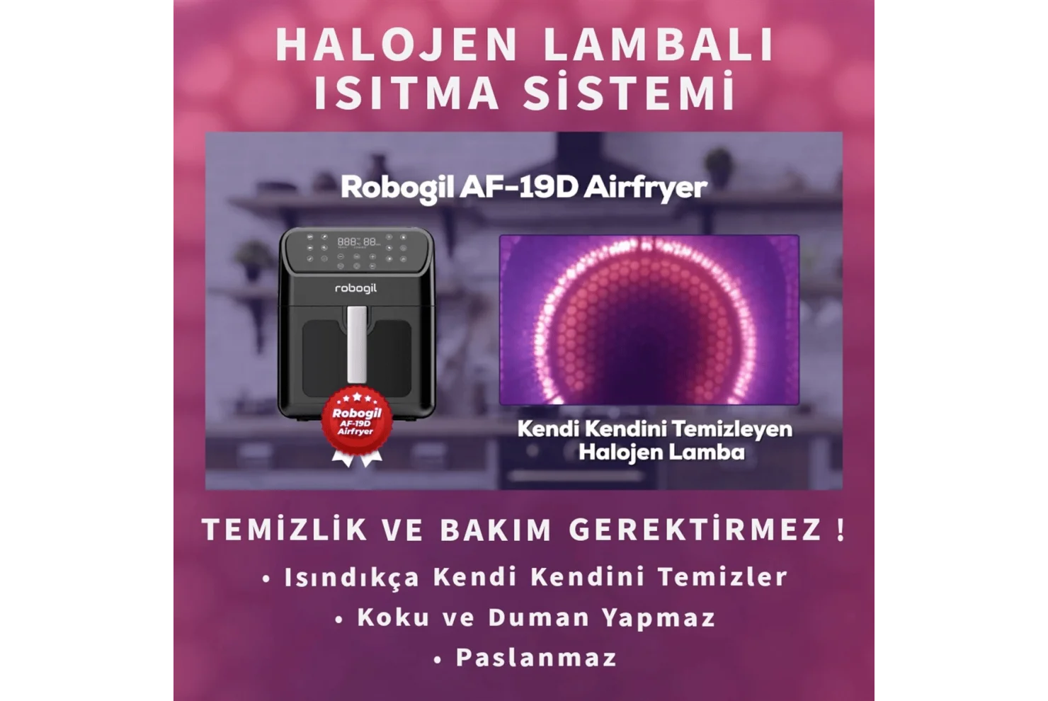 Robogil AF-19D Airfryer XXL 6,5Lt Cam Kapaklı Halojen Lambalı Sıcak Hava Fritözü