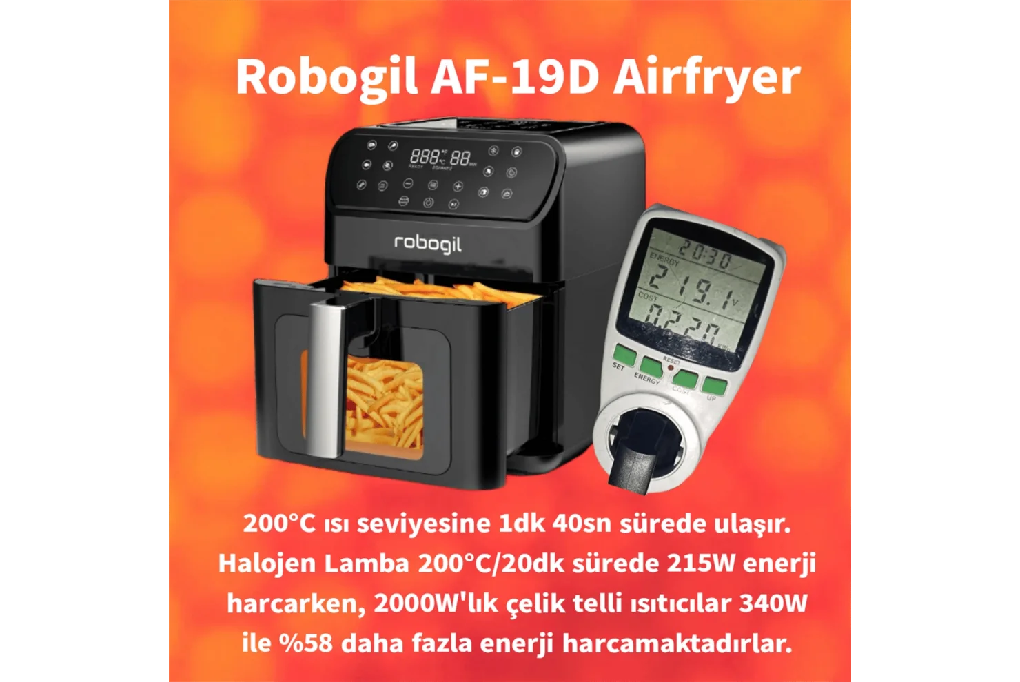 Robogil AF-19D Airfryer XXL 6,5Lt Cam Kapaklı Halojen Lambalı Sıcak Hava Fritözü
