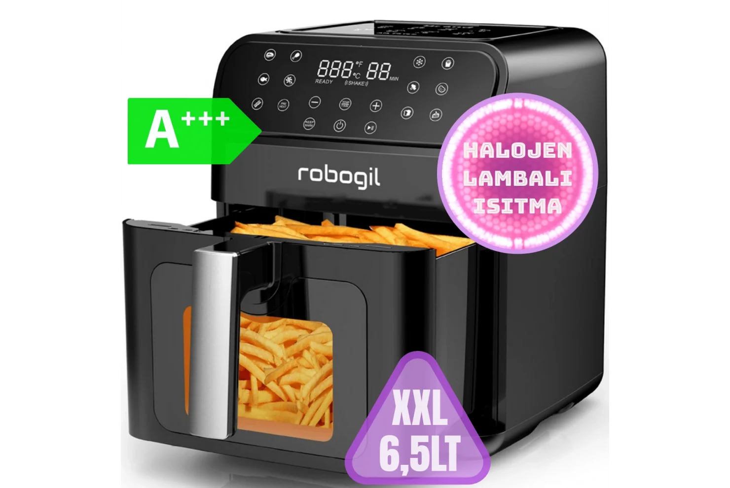 Robogil AF-19D Airfryer XXL 6,5Lt Cam Kapaklı Halojen Lambalı Sıcak Hava Fritözü