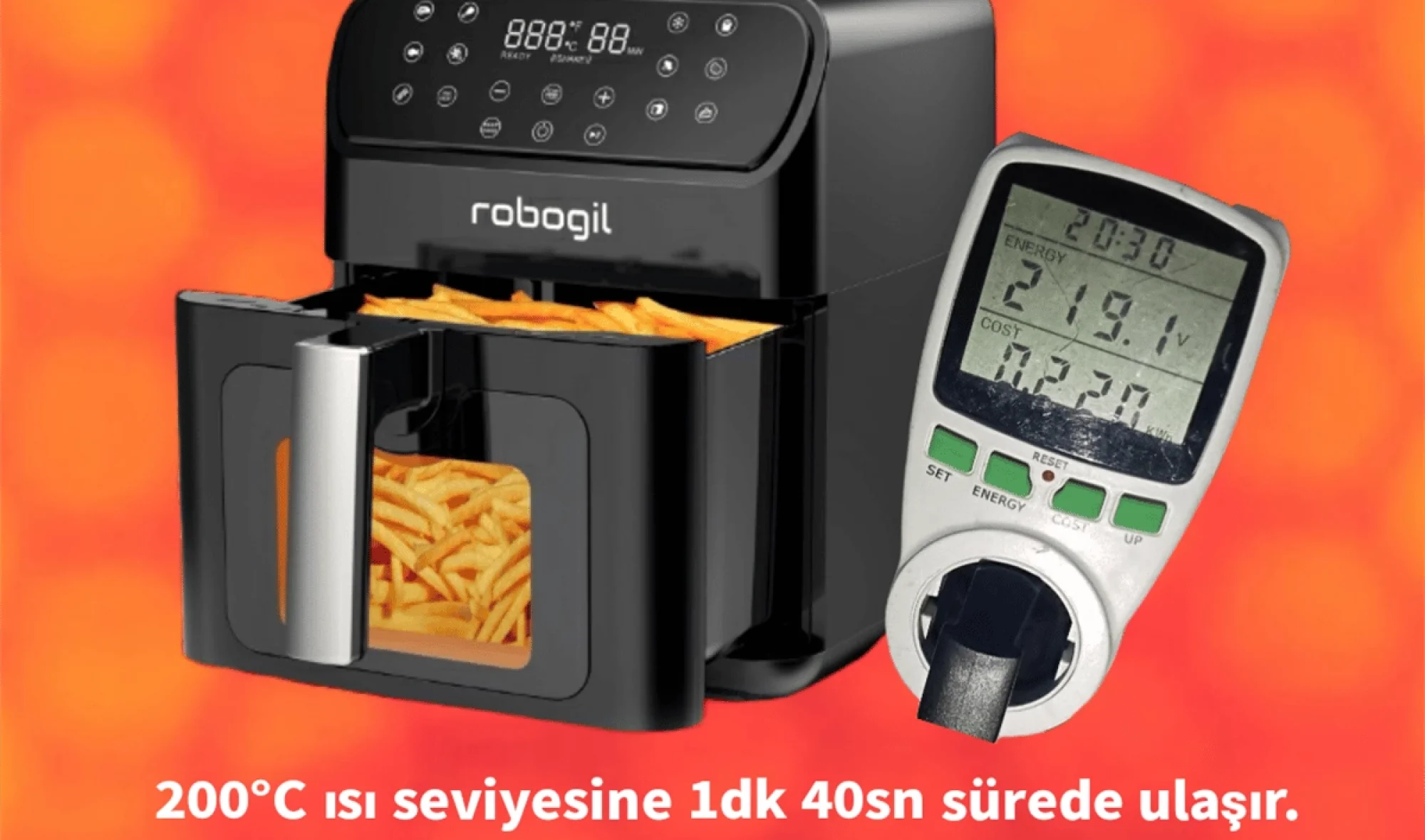 Robogil AF-19D Airfryer XXL 6,5Lt Cam Kapaklı Halojen Lambalı Sıcak Hava Fritözü