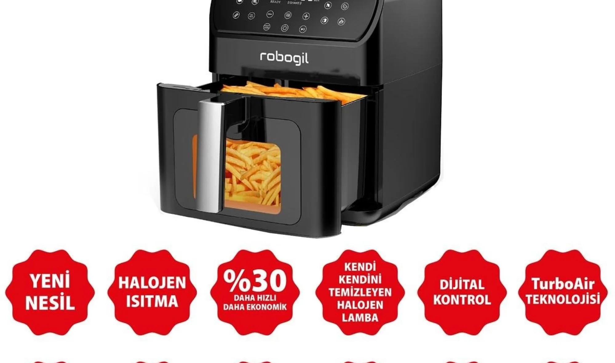 Robogil AF-19D Airfryer XXL 6,5Lt Cam Kapaklı Halojen Lambalı Sıcak Hava Fritözü