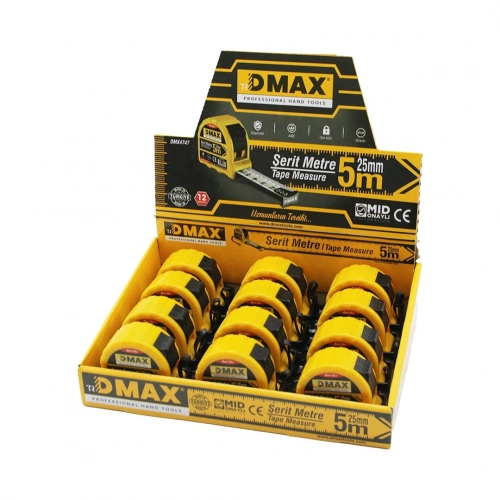 DMAX DMX-4747 ( 5MT X 25MM ) ÇELİK ŞERİT METRE ( STOPLU ) ( OTOMATİK KİLİT= BAS DURDUR & ÇEK SARSIN )*12X8