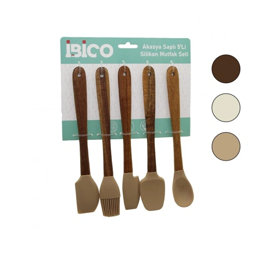 İBİCO İ22-024 ( 5PCS & MİNİ=21CM ) (RENKLİ SİLİKON) MUTFAK SETİ (3-SPATULA & 1-YUMURTA FIRÇASI & 1-KAŞIK) (AHŞAP AKASYA SAPLI)*24X3