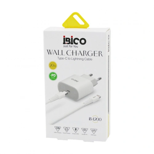 İBİCO İB-4200 ( TYPE-C TO=( İPHONE ) (SET) (EV BAŞLIK+ KABLO=1MT) TELEFON ŞARJ (HIZLI) (20W) (9V-12V-3.0A & 20W-1.5A)*5X20