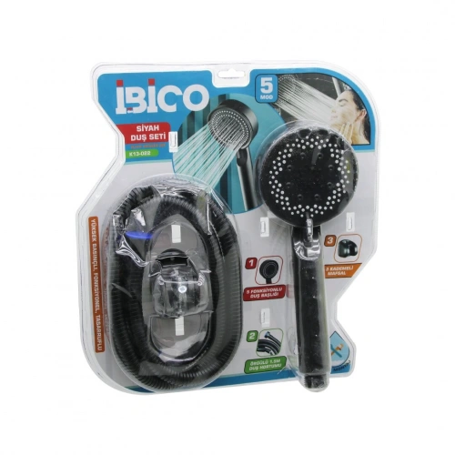 İBİCO K13-022 (VAKUMLU & SİYAH) LÜKS DUŞ SETİ  (DUŞ BAŞLIK=5 MOD=FONKSİYON) (ÖRGÜLÜ HORTUM=1.5MT) (MAFSAL=3 KADEME)*32