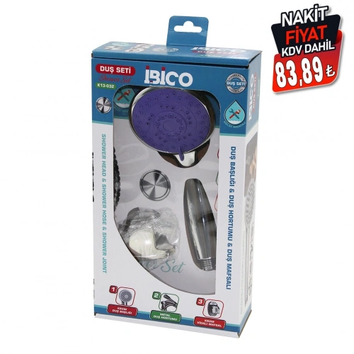 İBİCO K13-032 (KUTULU AMBALAJ) (3İN1) DUŞ SETİ ( FONKSİYONLU KROM DUŞ BAŞLIK & METAL DUŞ HORTUM & MAFSAL=ASKI VİDALI )*36                                 kpy161