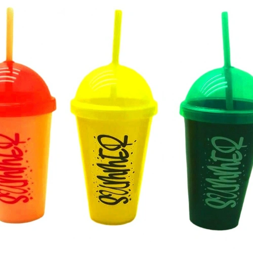 QLUX L-00850 SUMMER ( PİPETLİ ) ( RENKLİ PLASTİK ) BARDAK ( ŞEFFAF RENKLİ KAPAK ) ( 450ML )*12=K