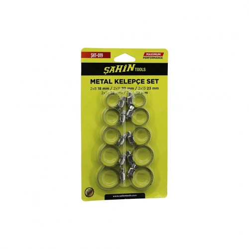 ŞAHİN TOOLS ŞHT-019 ( 10PCS ) METAL HORTUM KELEPÇESİ SET ( 2 ŞER ADET= 8-18MM - 11-20MM - 13-23MM - 18-25MM - 14-27MM )*300