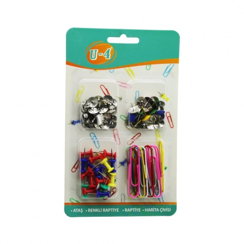 U-4  U4-1013 ( 4LÜ ) OFİS OKUL SETİ ( ATAŞ & RAPTİYE & PANO İĞNESİ=HARİTA ÇİVİSİ ) KIRTASİYE SETİ*12X24