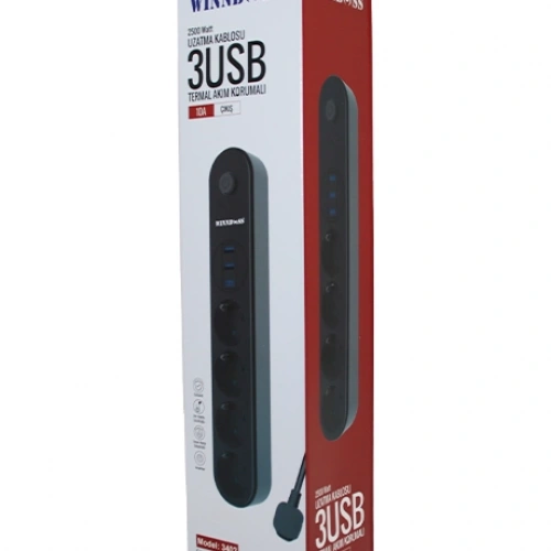 WINNBOSS-3402 TERMAL AKIM KORUMALI ( 4LÜ PRİZ ) ( 3X USB ) ( 2MT ) ( ANAHTARLI ) UZATMA KABLO SİYAH ( 10A & 2500W )*40