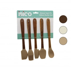 İBİCO İ22-024 ( 5PCS & MİNİ=21CM ) (RENKLİ SİLİKON) MUTFAK SETİ (3-SPATULA & 1-YUMURTA FIRÇASI & 1-KAŞIK) (AHŞAP AKASYA SAPLI)*24X3