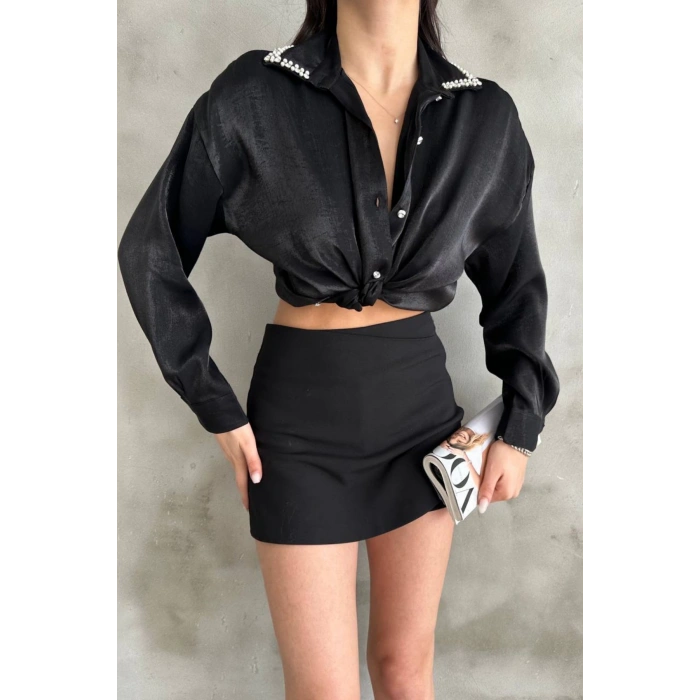 Taş Dügmeli Gömlek M Siyah