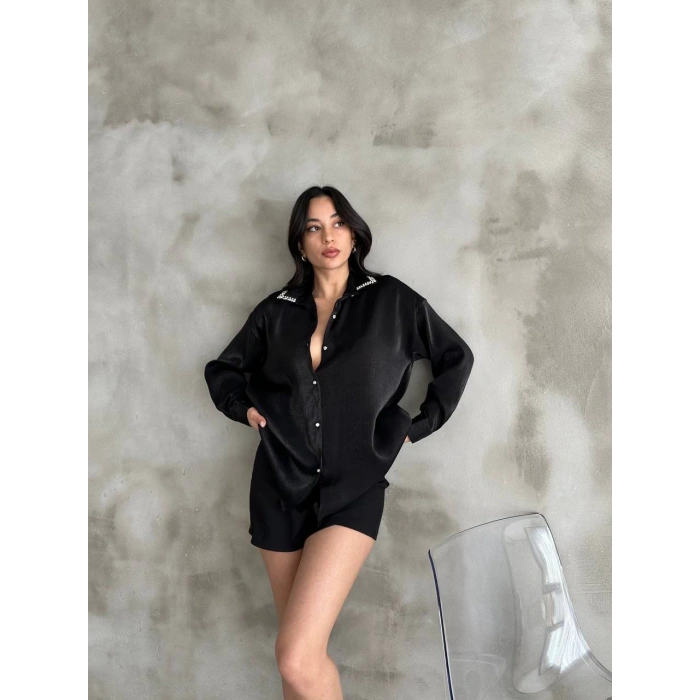 Taş Dügmeli Gömlek M Siyah