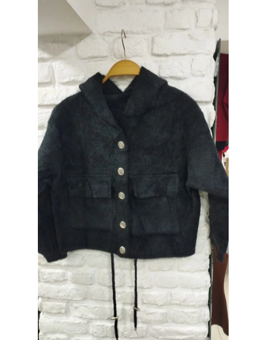 DİLVİN MODEL KAPŞONLU SAKAL TRİKO CEKET SİYAH