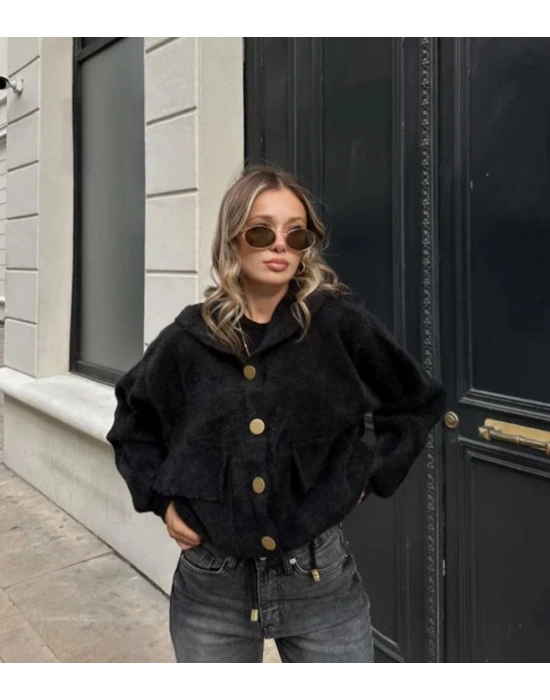 DİLVİN MODEL KAPŞONLU SAKAL TRİKO CEKET SİYAH