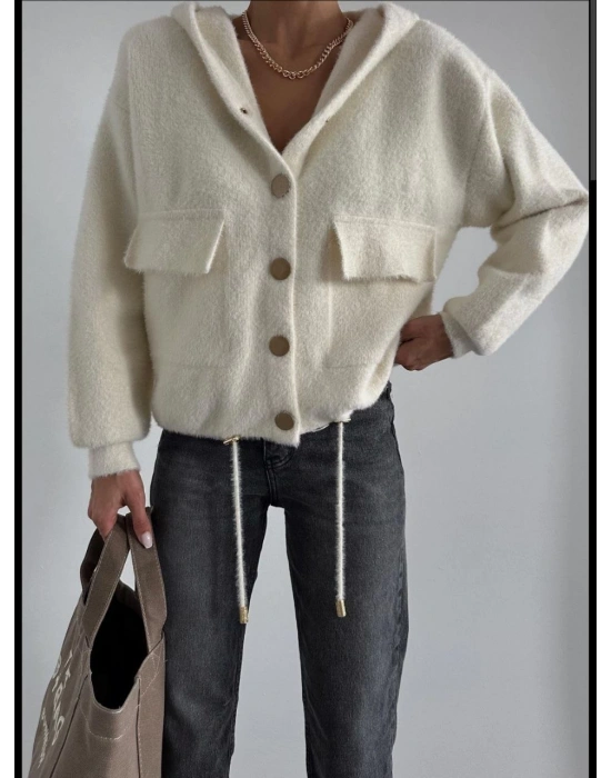 DİLVİN MODEL KAPŞONLU SAKAL TRİKO CEKET SİYAH