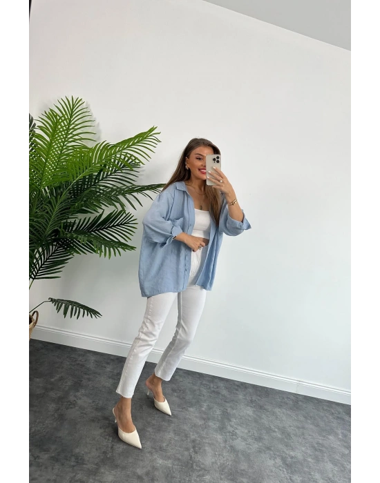 DÜŞÜK OMUZ OVERSİZE TENSEL GÖMLEK BEBE MAVİ