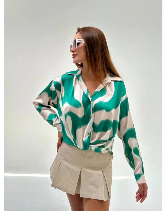 Baskılı Düğümlü İpek Saten Gömlek-Yeşil/Krem