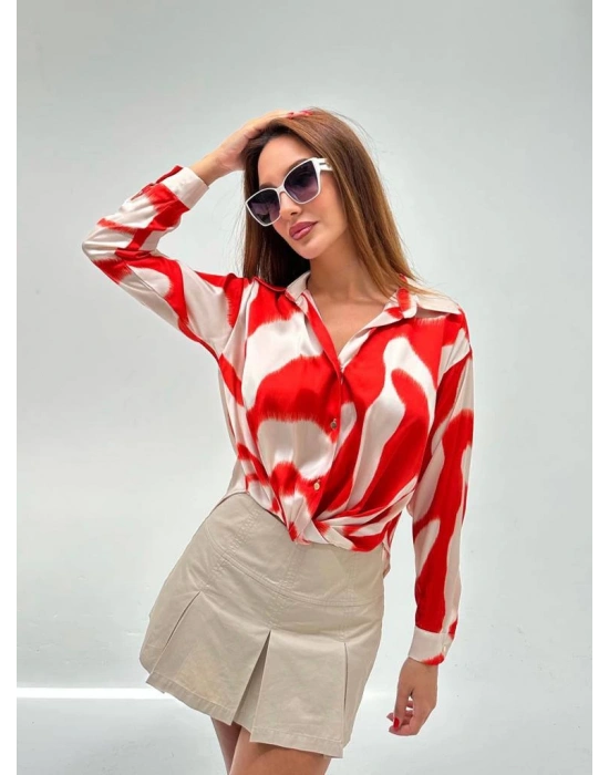 Baskılı İpek Saten Gömlek-Turuncu