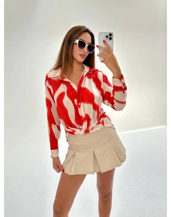 Baskılı İpek Saten Gömlek-Turuncu