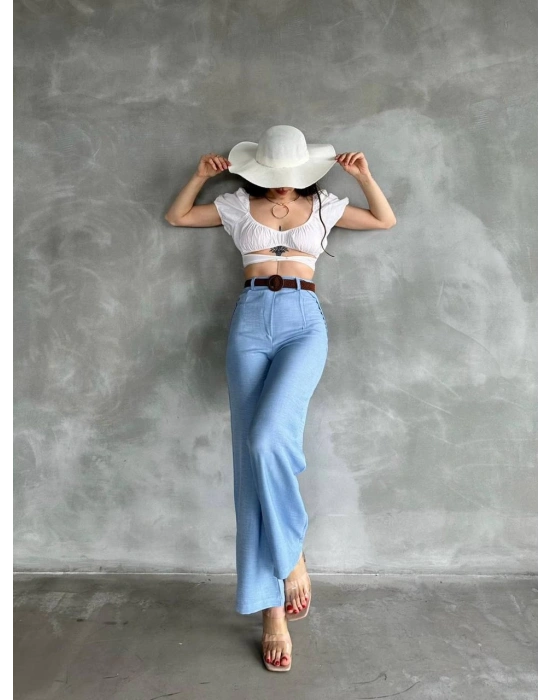 BELİ KEMERLİ KETEN PANTOLON - MAVİ