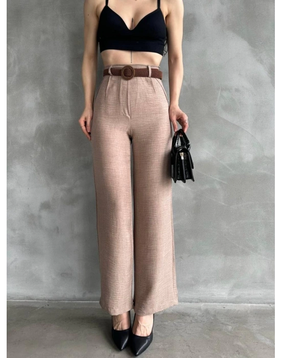 BELİ KEMERLİ KETEN PANTOLON - MAVİ